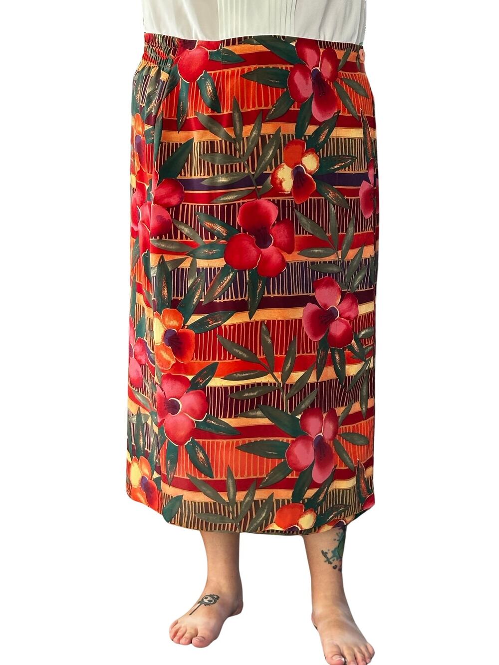 Vintage Hibiscus Tropical Print Plus Size Wrap Skirt Size 20
